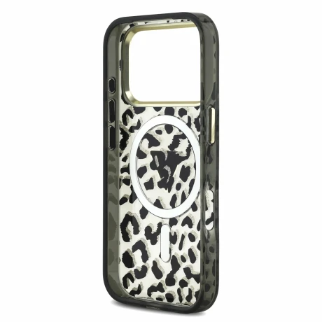 Guess IML Glitter Leopard Triangle Logo MagSafe Zadni Kryt pro iPhone 18 Pro Black
