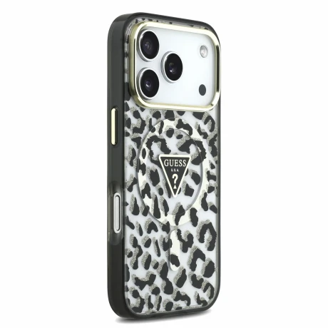 Guess IML Glitter Leopard Triangle Logo MagSafe Zadni Kryt pro iPhone 18 Pro Black