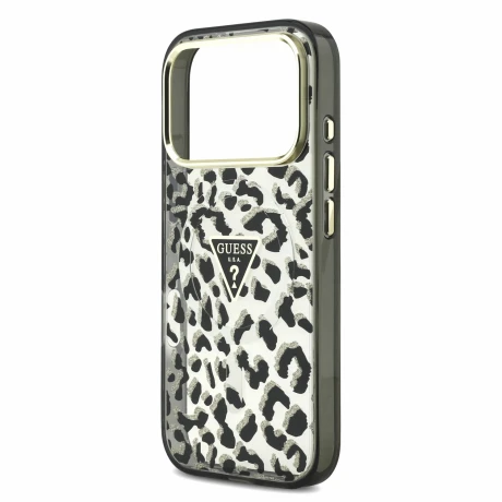 Guess IML Glitter Leopard Triangle Logo MagSafe Zadni Kryt pro iPhone 18 Pro Black