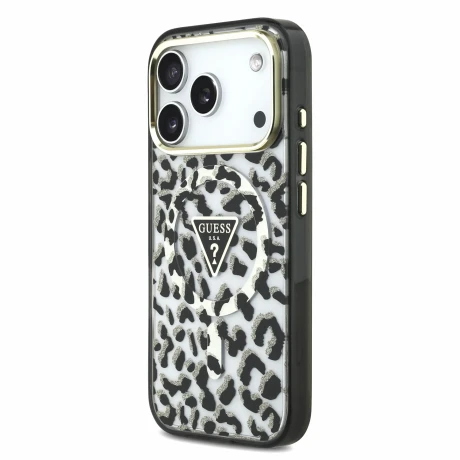 Guess IML Glitter Leopard Triangle Logo MagSafe Zadni Kryt pro iPhone 18 Pro Black