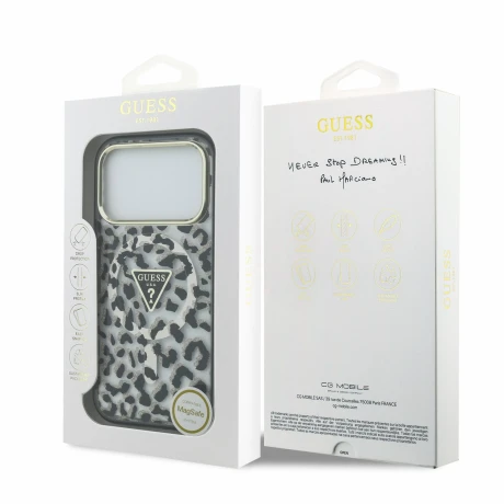 Guess IML Glitter Leopard Triangle Logo MagSafe Zadni Kryt pro iPhone 18 Pro Black