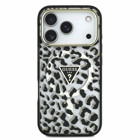 Guess IML Glitter Leopard Triangle Logo MagSafe Zadni Kryt pro iPhone 18 Pro Black