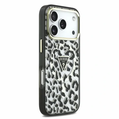 Guess IML Glitter Leopard Triangle Logo MagSafe Zadni Kryt pro iPhone 18 Pro Max Black