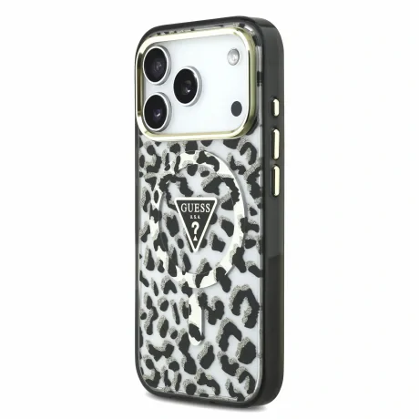 Guess IML Glitter Leopard Triangle Logo MagSafe Zadni Kryt pro iPhone 18 Pro Max Black