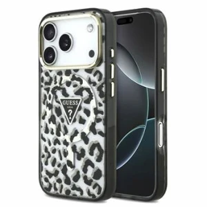 Guess IML Glitter Leopard Triangle Logo MagSafe Zadni Kryt pro iPhone 18 Pro Max Black