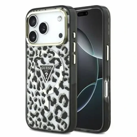 Guess IML Glitter Leopard Triangle Logo MagSafe Zadni Kryt pro iPhone 18 Pro Max Black