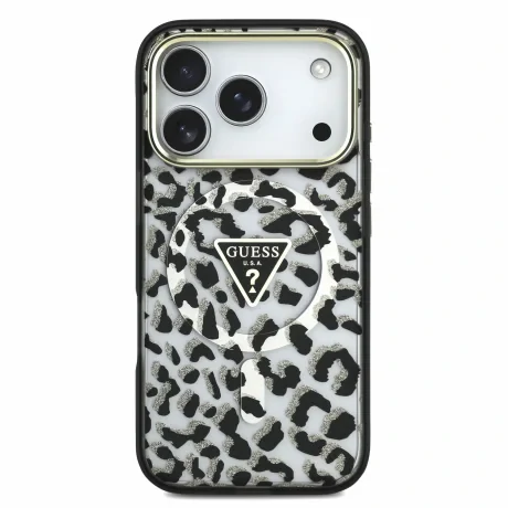 Guess IML Glitter Leopard Triangle Logo MagSafe Zadni Kryt pro iPhone 18 Pro Max Black