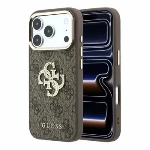 Guess PU 4G Strass Metal Logo Zadni Kryt pro iPhone 18 Pro Brown