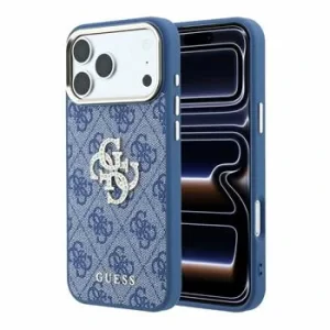 Guess PU 4G Strass Metal Logo Zadni Kryt pro iPhone 18 Pro Max Blue
