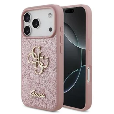 Guess PU Fixed Glitter 4G Metal Logo Zadni Kryt pro iPhone 18 Pro Pink