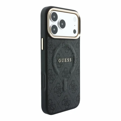 Guess PU Leather 4G Gold Frame Embossed MagSafe Zadni Kryt pro iPhone 18 Pro Black