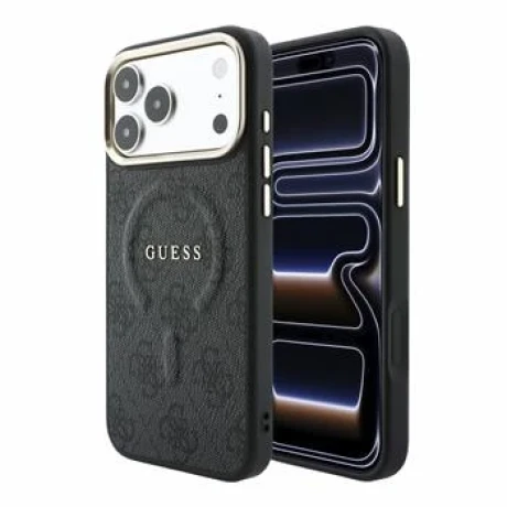 Guess PU Leather 4G Gold Frame Embossed MagSafe Zadni Kryt pro iPhone 18 Pro Black