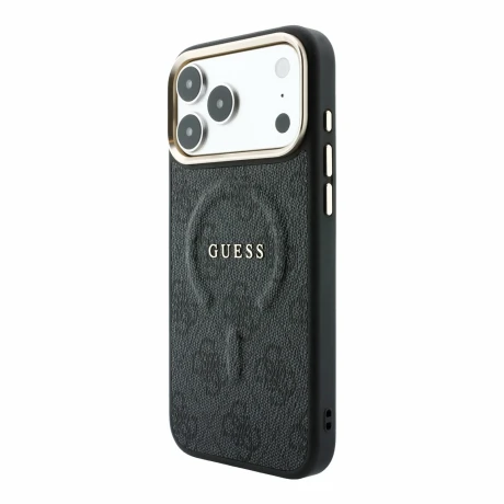 Guess PU Leather 4G Gold Frame Embossed MagSafe Zadni Kryt pro iPhone 18 Pro Max Black