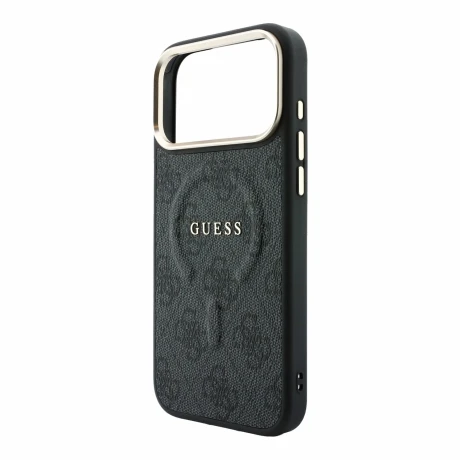 Guess PU Leather 4G Gold Frame Embossed MagSafe Zadni Kryt pro iPhone 18 Pro Max Black