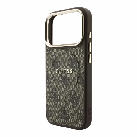 Guess PU Leather 4G Gold Frame Embossed MagSafe Zadni Kryt pro iPhone 18 Pro Max Brown