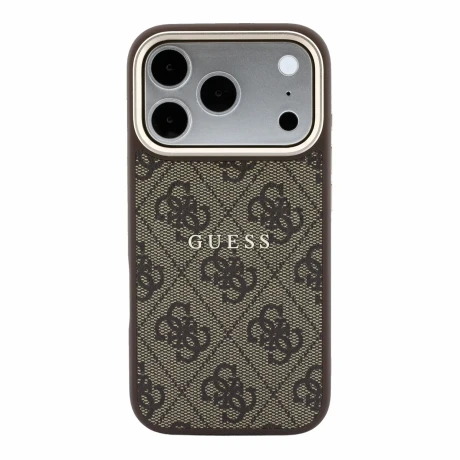 Guess PU Leather 4G Gold Frame Embossed MagSafe Zadni Kryt pro iPhone 18 Pro Max Brown