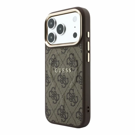 Guess PU Leather 4G Gold Frame Embossed MagSafe Zadni Kryt pro iPhone 18 Pro Max Brown