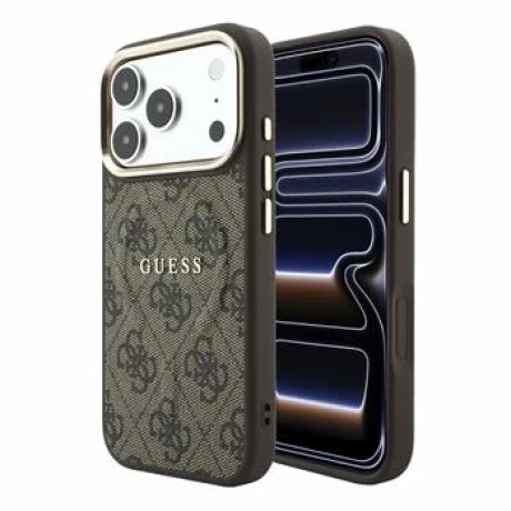 Guess PU Leather 4G Gold Frame Embossed MagSafe Zadni Kryt pro iPhone 18 Pro Max Brown