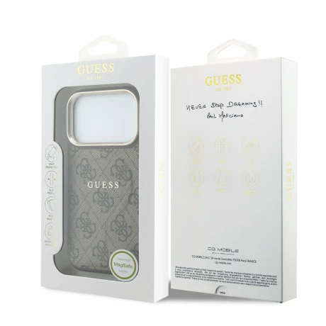Guess PU Leather 4G Gold Frame Embossed MagSafe Zadni Kryt pro iPhone 18 Pro Max Brown
