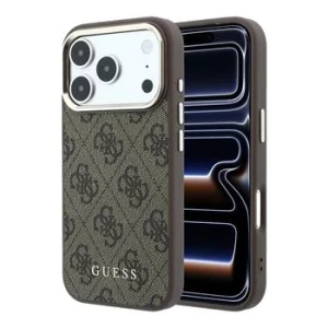 Guess PU Leather 4G Gold Frame MagSafe Zadni Kryt pro iPhone 18 Pro Brown