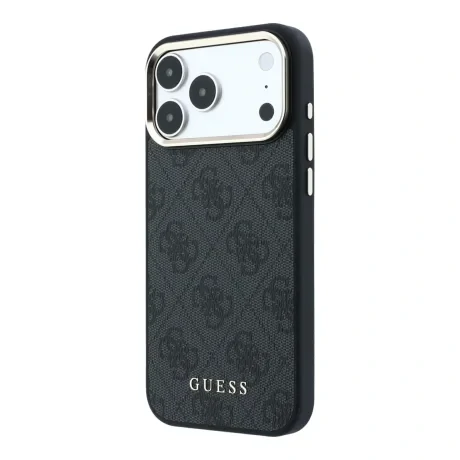 Guess PU Leather 4G Gold Frame MagSafe Zadni Kryt pro iPhone 18 Pro Max Black