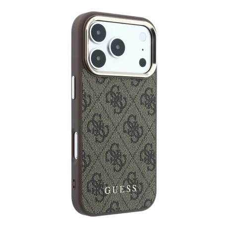 Guess PU Leather 4G Gold Frame MagSafe Zadni Kryt pro iPhone 18 Pro Max Brown