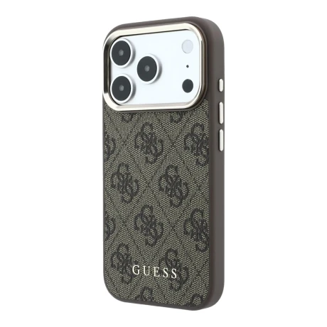Guess PU Leather 4G Gold Frame MagSafe Zadni Kryt pro iPhone 18 Pro Max Brown