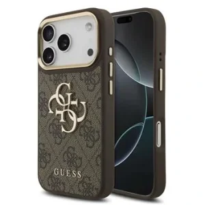 Guess PU Leather 4G Metal Logo Gold Frame Zadni Kryt pro iPhone 18 Pro Brown