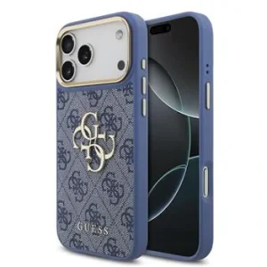 Guess PU Leather 4G Metal Logo Gold Frame Zadni Kryt pro iPhone 18 Pro Max Blue
