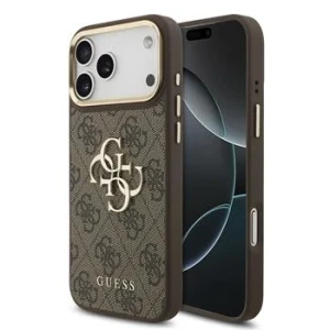 Guess PU Leather 4G Metal Logo Gold Frame Zadni Kryt pro iPhone 18 Pro Max Brown