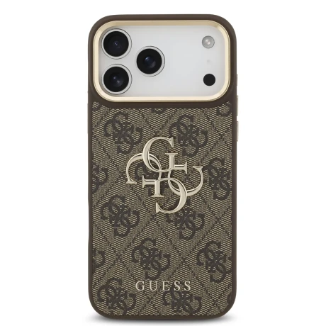 Guess PU Leather 4G Metal Logo Gold Frame Zadni Kryt pro iPhone 18 Pro Max Brown