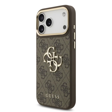 Guess PU Leather 4G Metal Logo Gold Frame Zadni Kryt pro iPhone 18 Pro Max Brown