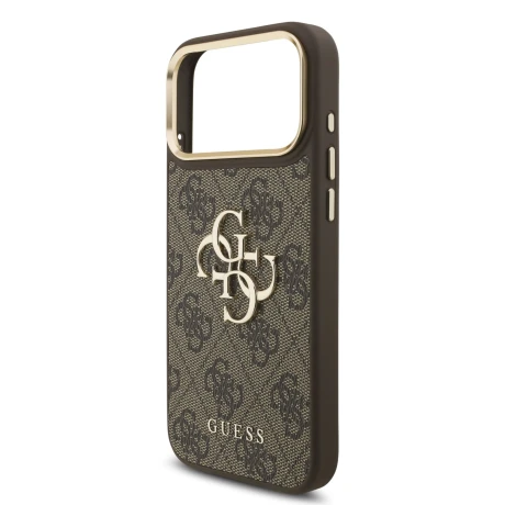 Guess PU Leather 4G Metal Logo Gold Frame Zadni Kryt pro iPhone 18 Pro Max Brown