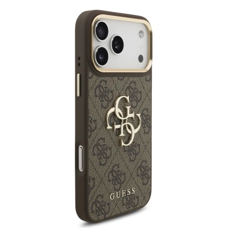 Guess PU Leather 4G Metal Logo Gold Frame Zadni Kryt pro iPhone 18 Pro Max Brown