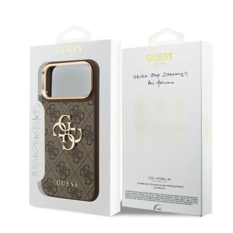 Guess PU Leather 4G Metal Logo Gold Frame Zadni Kryt pro iPhone 18 Pro Max Brown