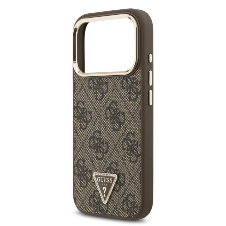 Guess PU Leather 4G Strass Triangle Logo Gold Frame MagSafe Zadni Kryt pro iPhone 18 Pro Brown