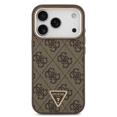 Guess PU Leather 4G Strass Triangle Logo Gold Frame MagSafe Zadni Kryt pro iPhone 18 Pro Brown