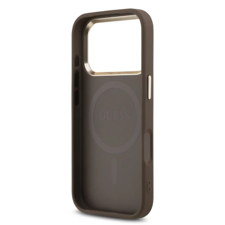 Guess PU Leather 4G Strass Triangle Logo Gold Frame MagSafe Zadni Kryt pro iPhone 18 Pro Brown