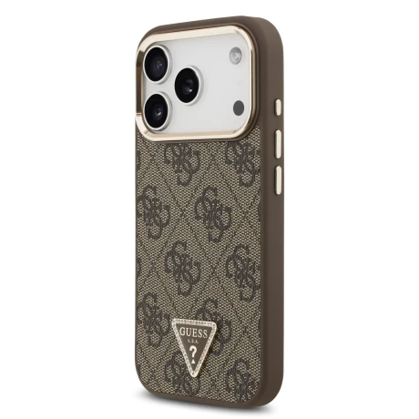 Guess PU Leather 4G Strass Triangle Logo Gold Frame MagSafe Zadni Kryt pro iPhone 18 Pro Brown