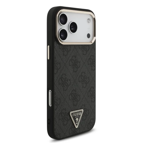 Guess PU Leather 4G Strass Triangle Logo Gold Frame MagSafe Zadni Kryt pro iPhone 18 Pro Max Black