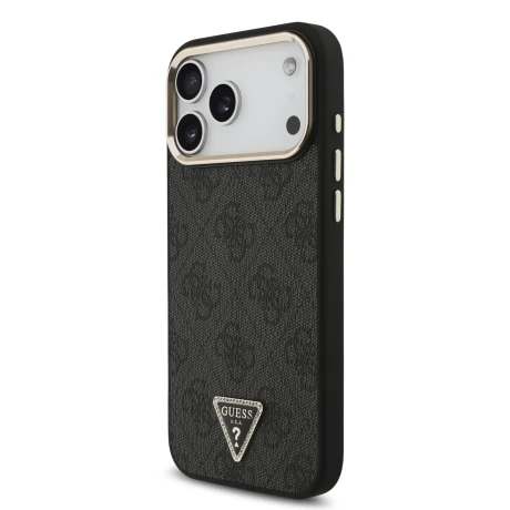 Guess PU Leather 4G Strass Triangle Logo Gold Frame MagSafe Zadni Kryt pro iPhone 18 Pro Max Black