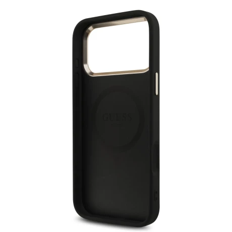 Guess PU Leather 4G Strass Triangle Logo Gold Frame MagSafe Zadni Kryt pro iPhone 18 Pro Max Black