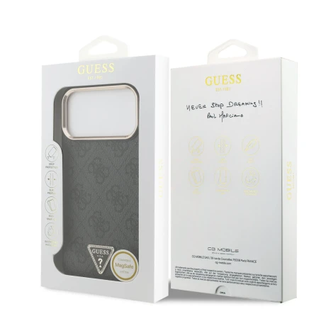 Guess PU Leather 4G Strass Triangle Logo Gold Frame MagSafe Zadni Kryt pro iPhone 18 Pro Max Black