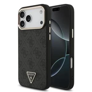 Guess PU Leather 4G Strass Triangle Logo Gold Frame MagSafe Zadni Kryt pro iPhone 18 Pro Max Black