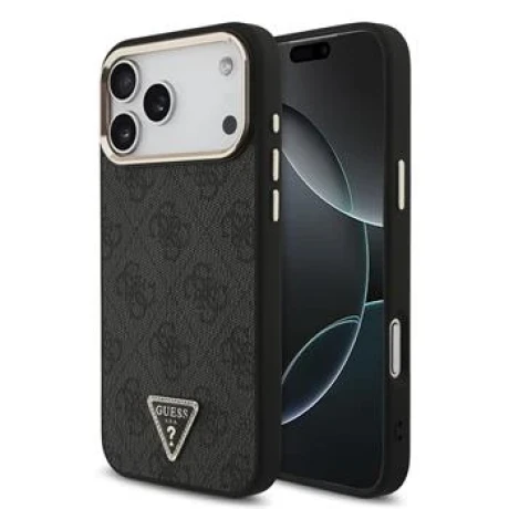 Guess PU Leather 4G Strass Triangle Logo Gold Frame MagSafe Zadni Kryt pro iPhone 18 Pro Max Black