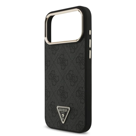 Guess PU Leather 4G Strass Triangle Logo Gold Frame MagSafe Zadni Kryt pro iPhone 18 Pro Max Black