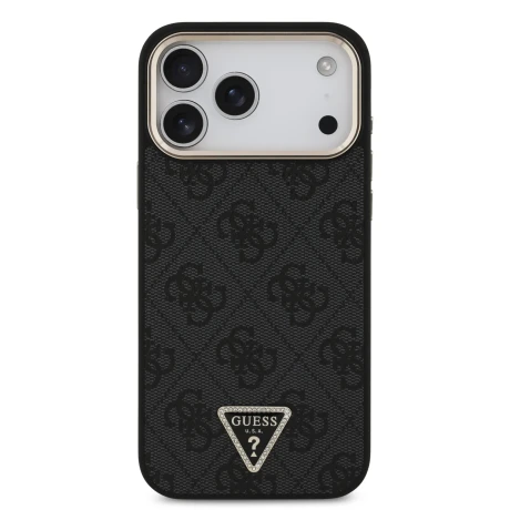 Guess PU Leather 4G Strass Triangle Logo Gold Frame MagSafe Zadni Kryt pro iPhone 18 Pro Max Black