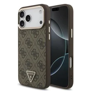 Guess PU Leather 4G Strass Triangle Logo Gold Frame MagSafe Zadni Kryt pro iPhone 18 Pro Max Brown