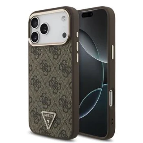 Guess PU Leather 4G Strass Triangle Logo Gold Frame MagSafe Zadni Kryt pro iPhone 18 Pro Max Brown
