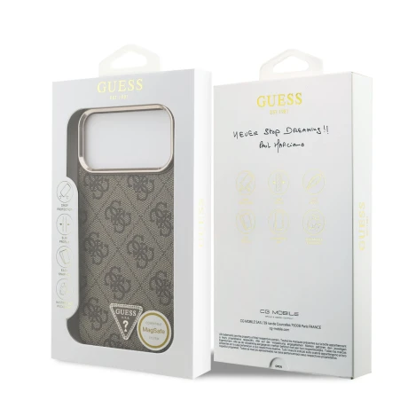 Guess PU Leather 4G Strass Triangle Logo Gold Frame MagSafe Zadni Kryt pro iPhone 18 Pro Max Brown
